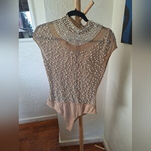Elegant Pearl Embellished Tan Bodysuit